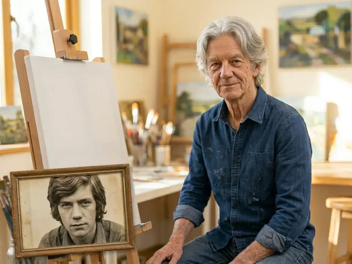 Artist beside a reference portrait for cinematic age previsualization