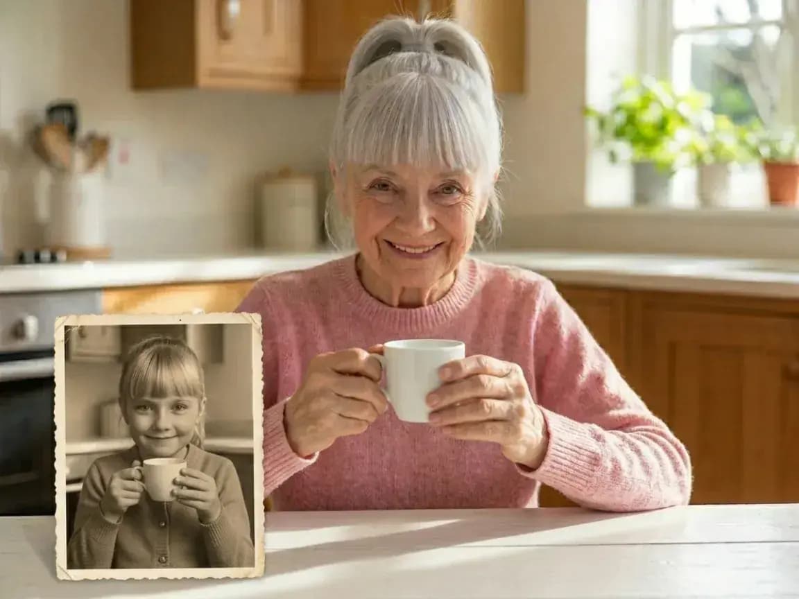 Woman holding a childhood portrait for a family history recreation