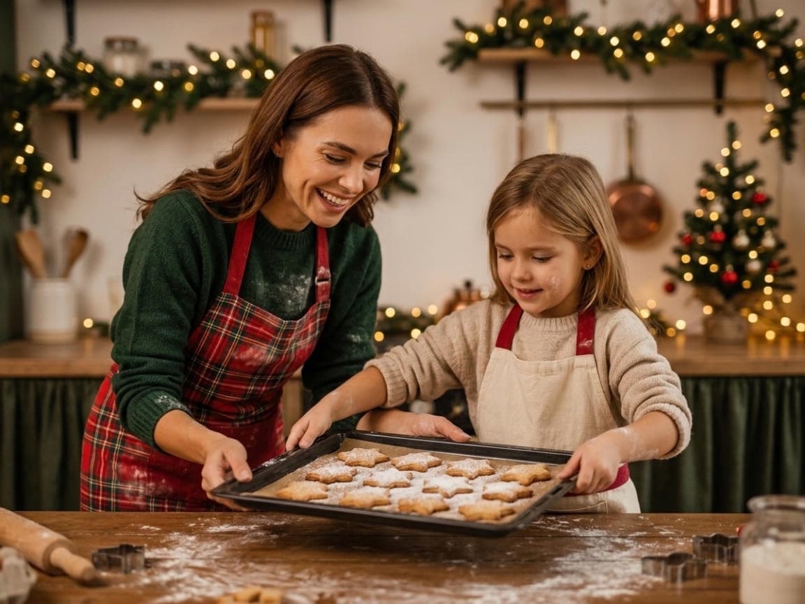 Mother and child baking Christmas cookies together in a kitchen decorated with garlands and fairy lights.