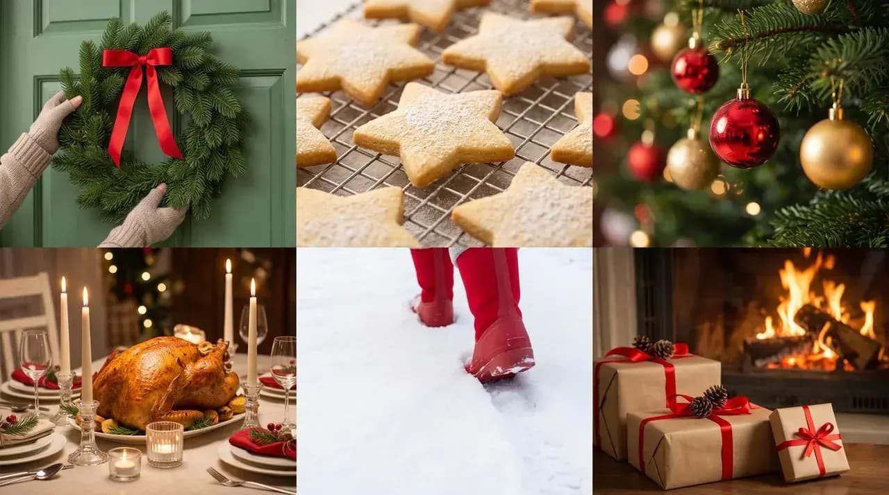 Six-image Christmas collage featuring a wreath, star cookies, tree ornaments, a roast dinner, red boots in snow, and wrapped gifts by a fireplace.