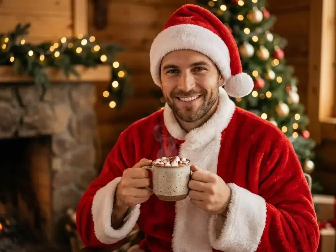Smiling man in a Santa outfit holding hot chocolate beside a lit Christmas tree.