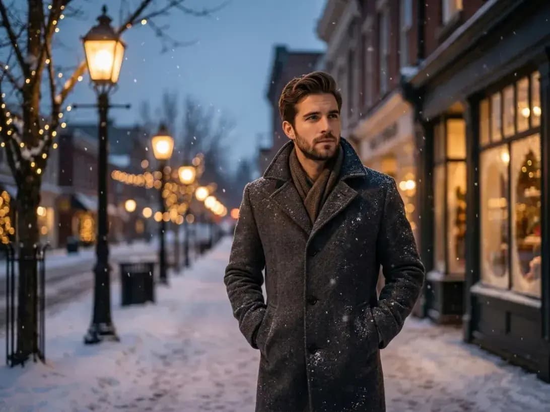 Man in a dark winter coat walking along a snowy city street at blue hour.