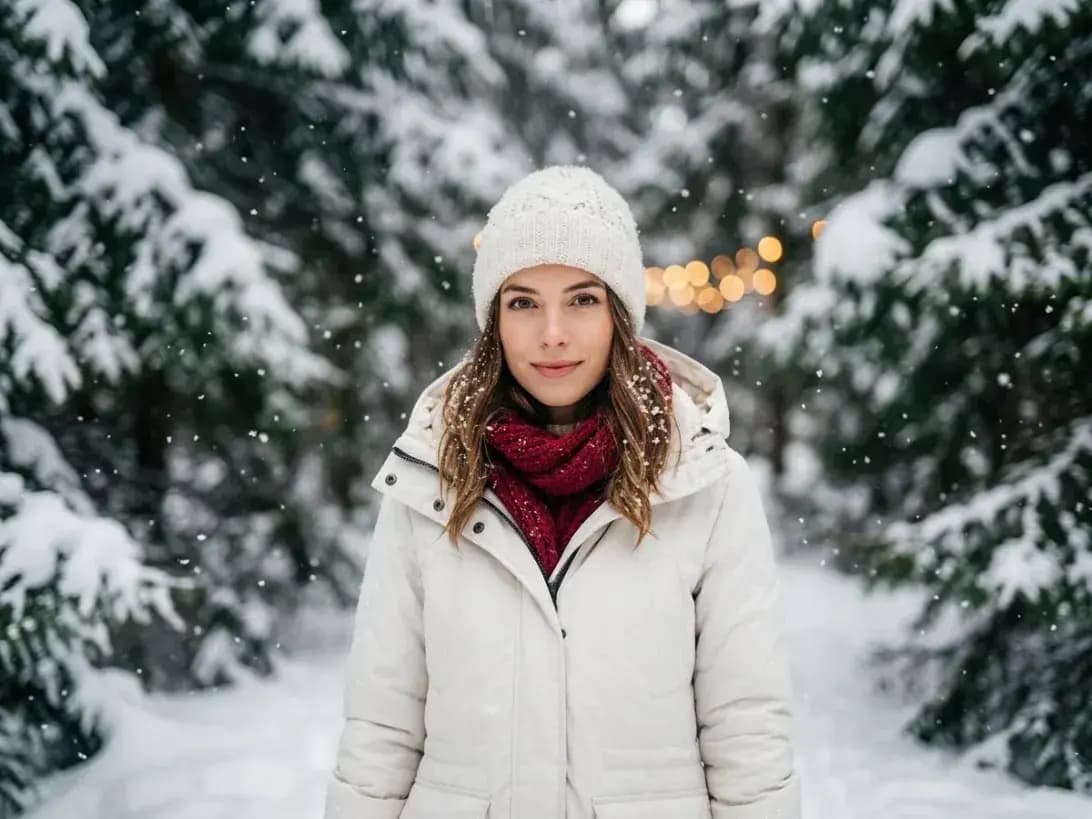 Woman in a white winter coat and knit hat standing in a snowy evergreen forest.