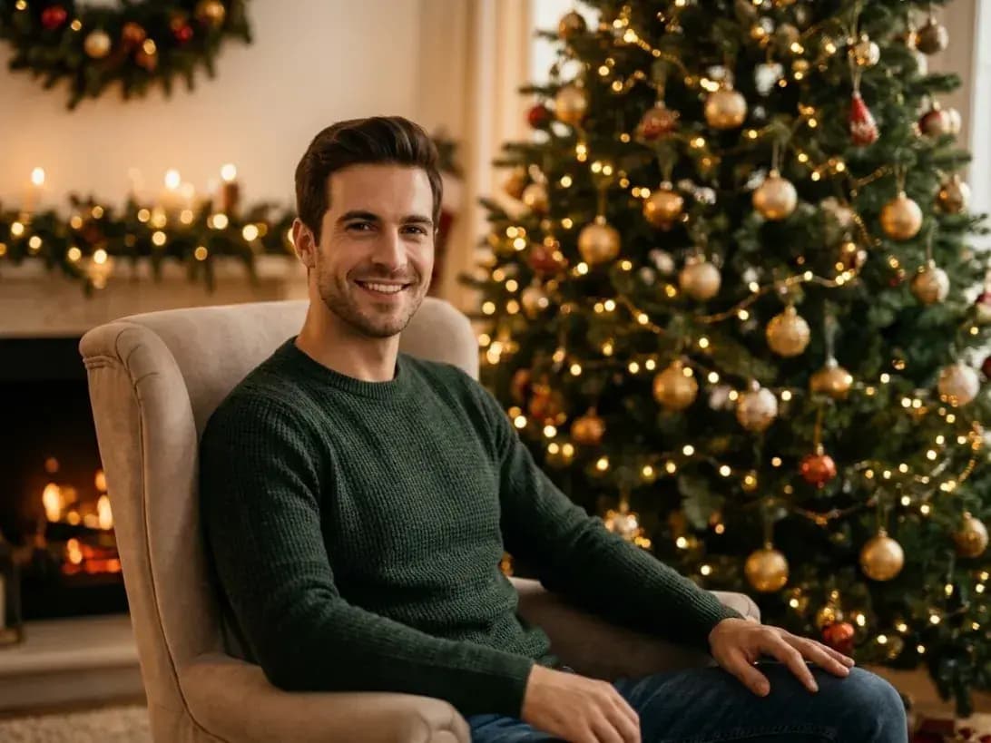 Smiling man in a green sweater seated beside a lit Christmas tree and fireplace.