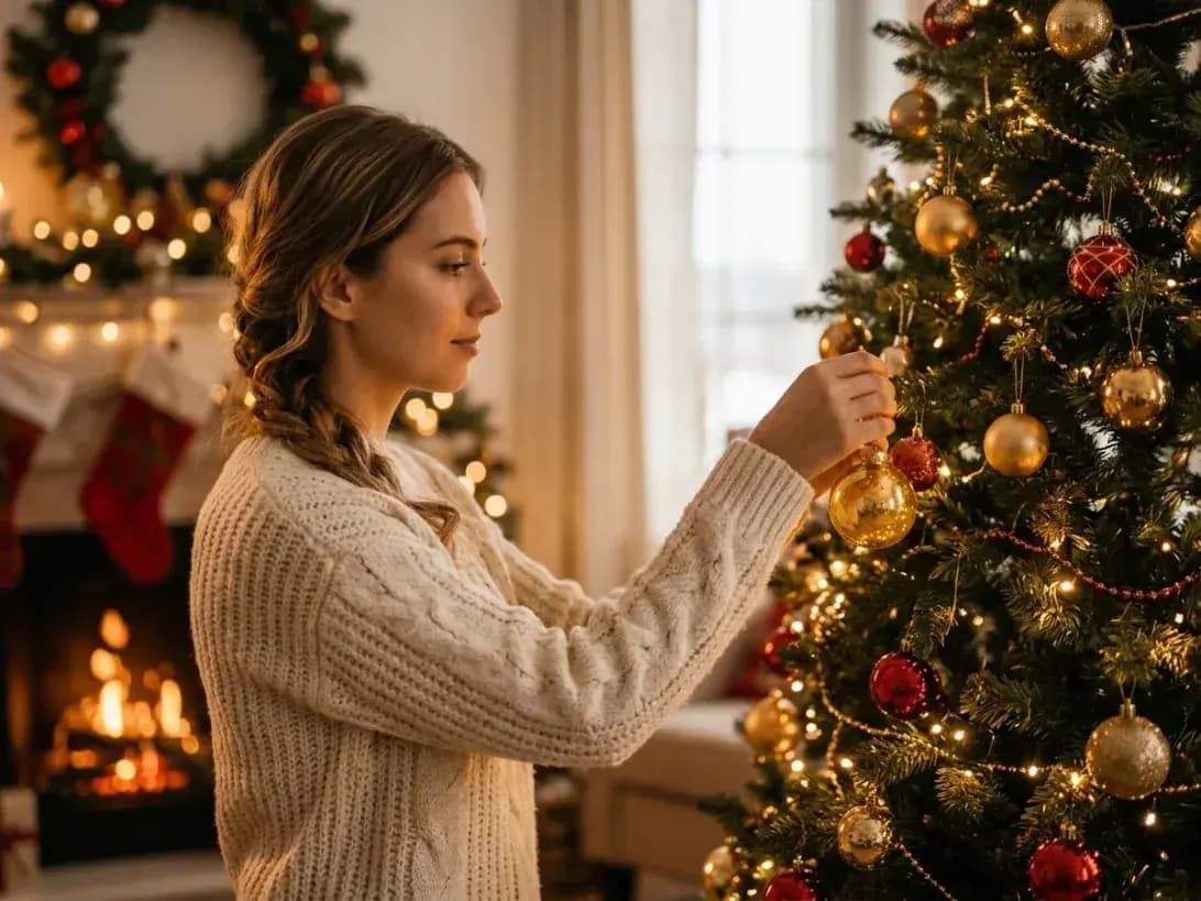 Woman in a cream sweater decorating a lit Christmas tree beside a glowing fireplace.