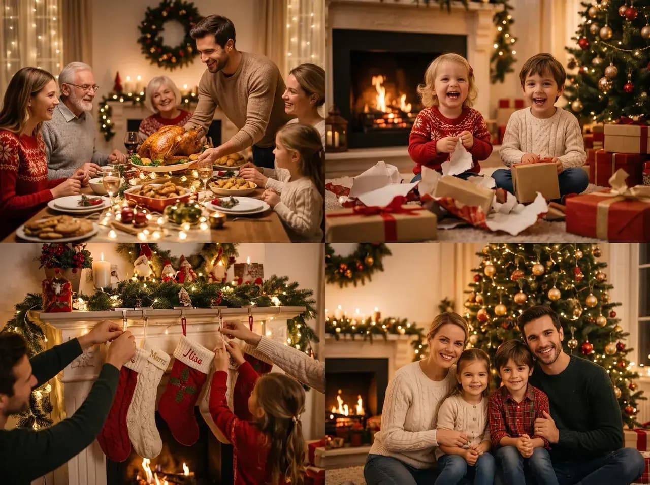 Four-image collage of a family Christmas dinner, children opening gifts, hanging stockings, and posing by the tree.