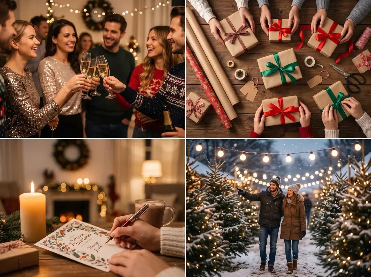 Four-image Christmas collage with a holiday party, gift wrapping, a handwritten card, and a couple at a snowy tree market.