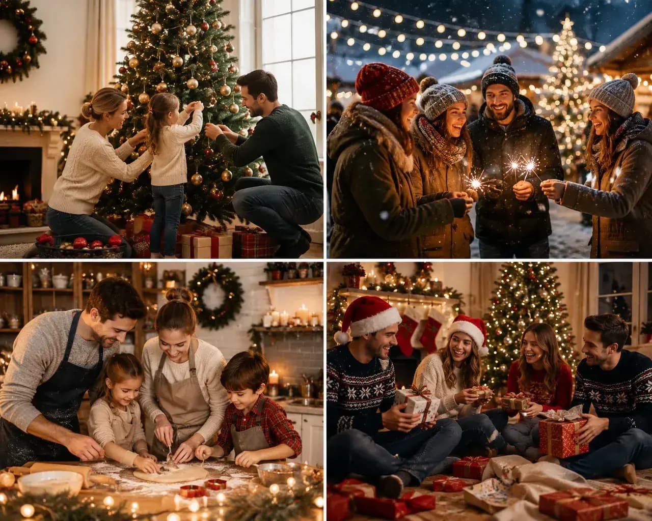 Four-image collage of families decorating a tree, baking, exchanging gifts, and enjoying a snowy Christmas market.