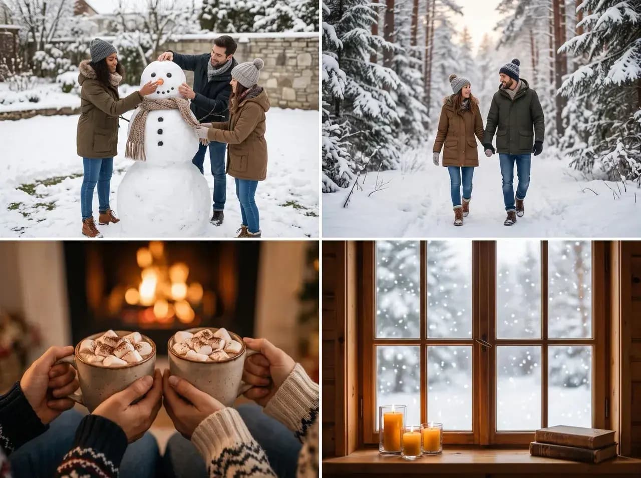 Four-image winter collage with friends building a snowman, a couple walking in snow, hot cocoa, and a snowy window.