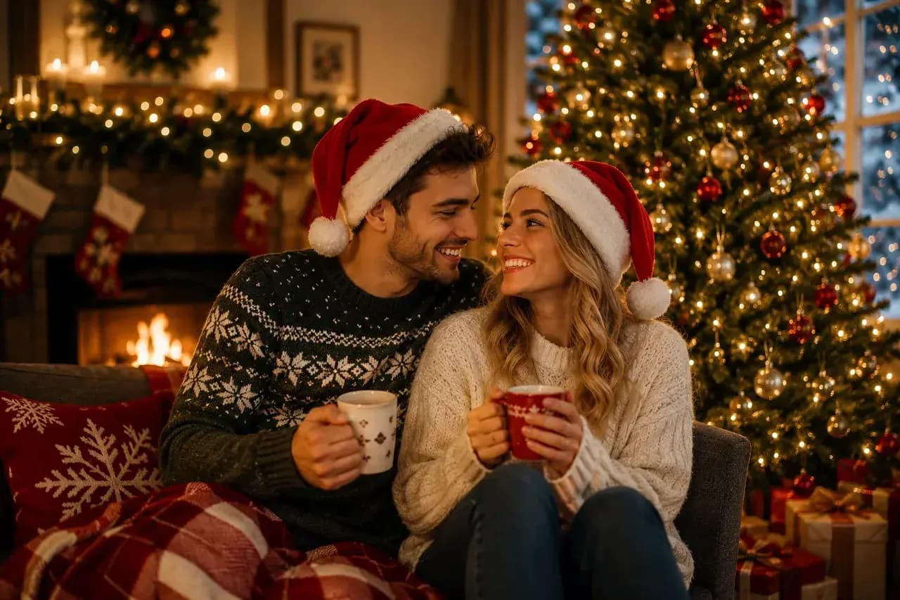Couple in Santa hats sharing hot drinks beside a glowing Christmas tree and fireplace.