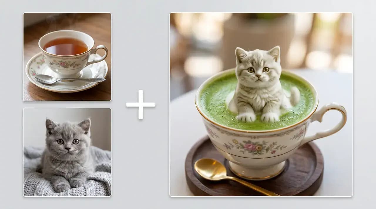 Tea and kitten references merged online into a matcha latte cat scene
