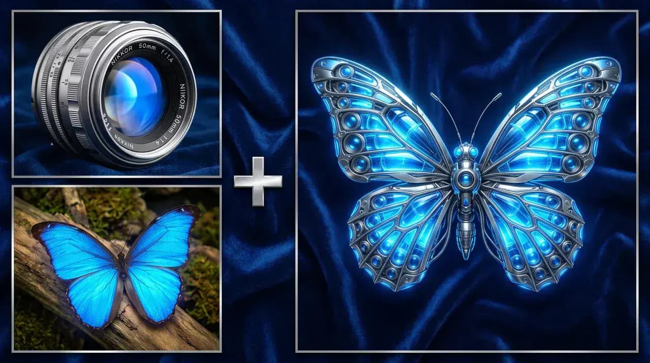 A camera lens and blue butterfly combined into a glowing mechanical butterfly