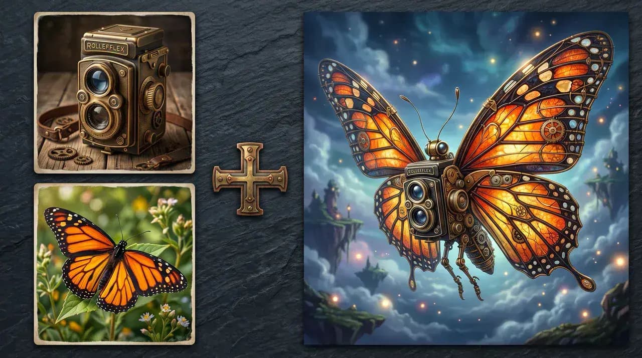 A vintage camera and butterfly combined into a detailed camera-winged butterfly