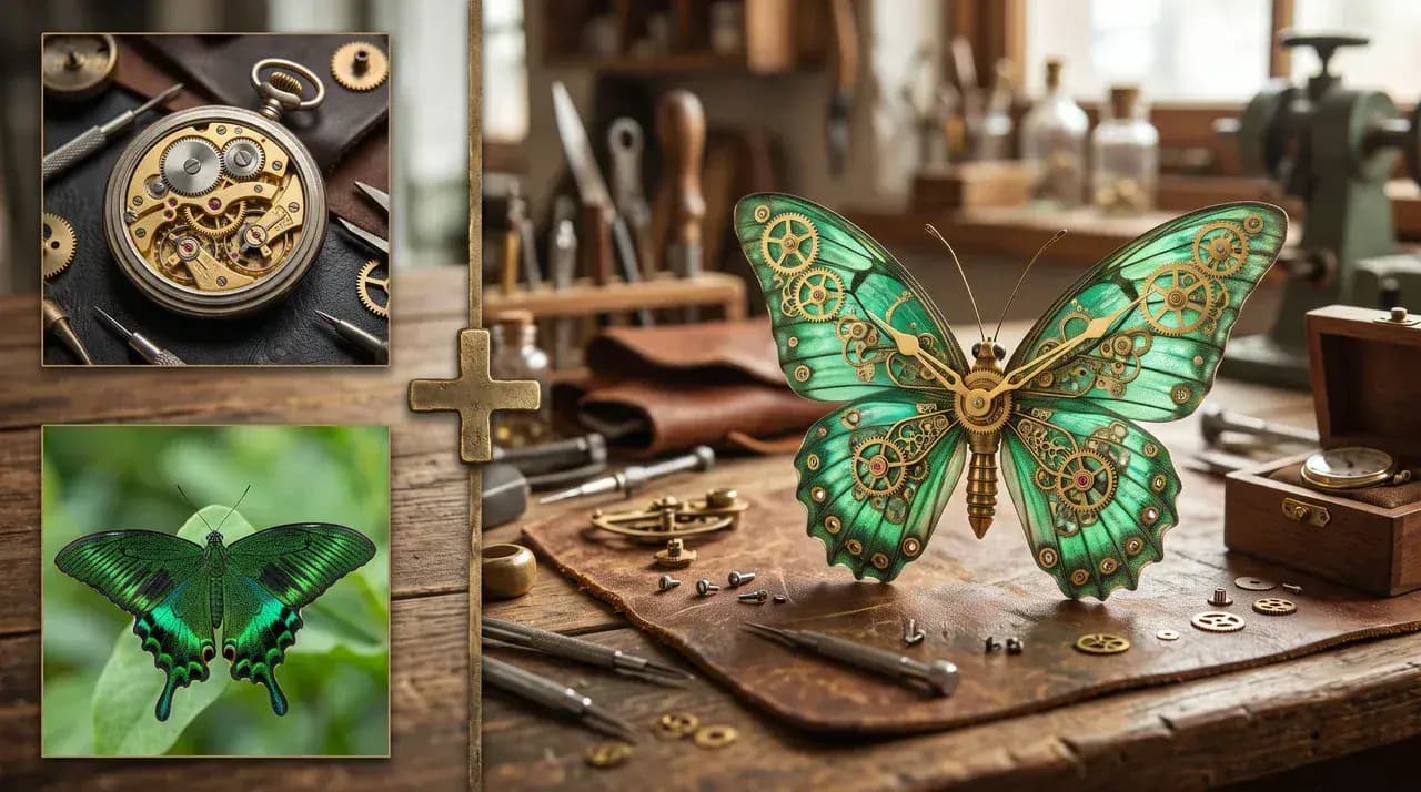 A watch movement and green butterfly combined into a high-resolution mechanical butterfly