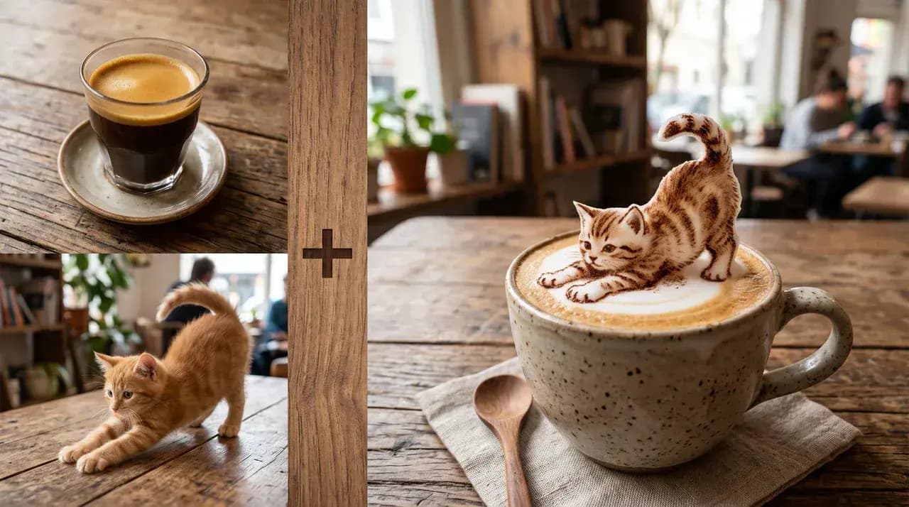 A stretching tabby cat blended into espresso foam with matched light and color