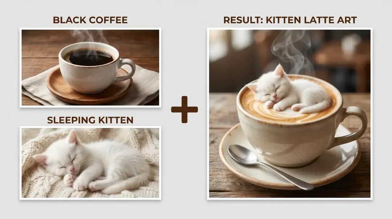 Black coffee and a sleeping kitten combined into kitten latte art