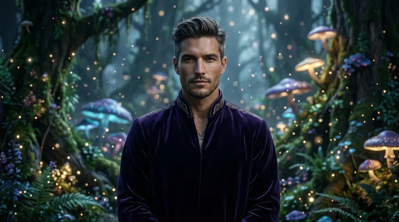 Uomo in una foresta fantasy prima di un cambio di genere AI