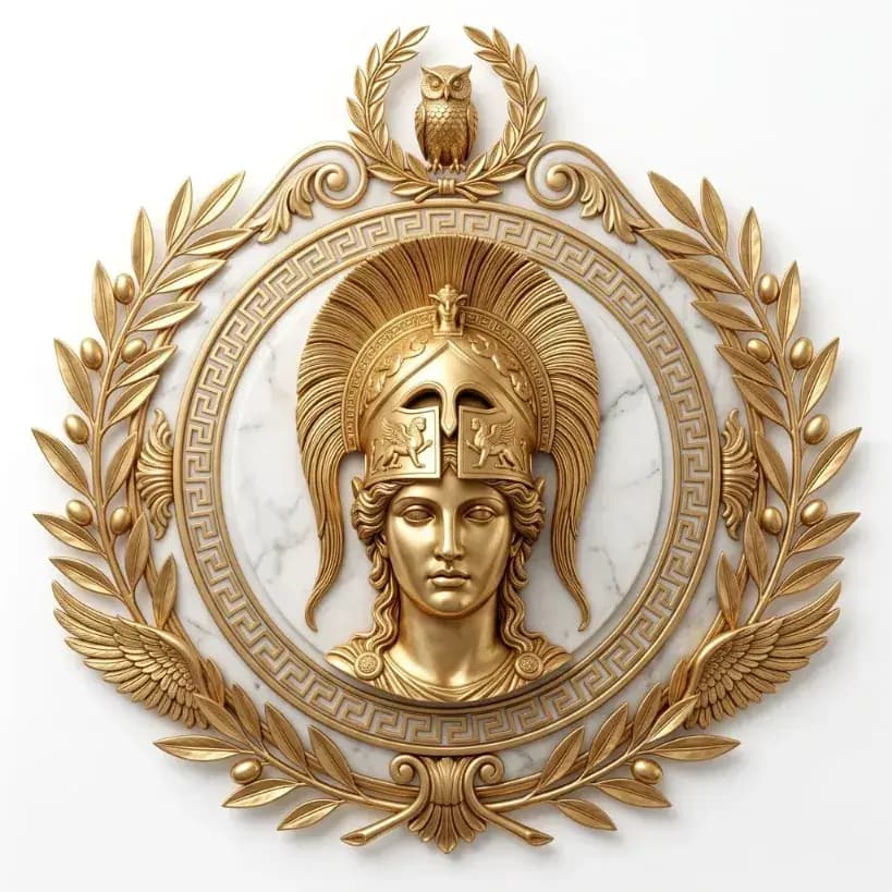 Golden Athena-inspired heraldic medallion framed by laurel branches