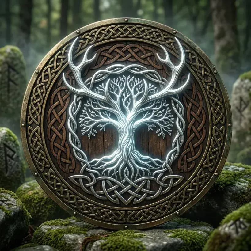 Celtic tree-of-life emblem set in a forest