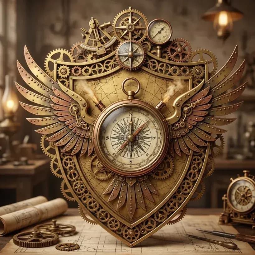 Steampunk coat of arms with a winged compass and brass gears