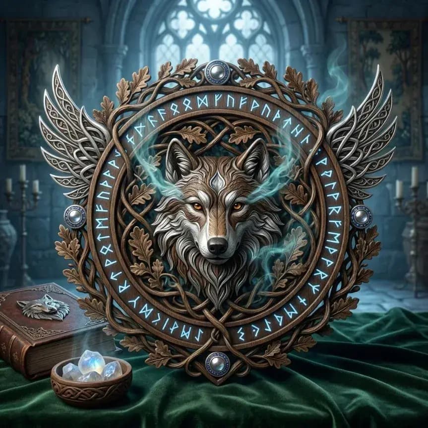 Mystical wolf crest surrounded by glowing runes and oak leaves