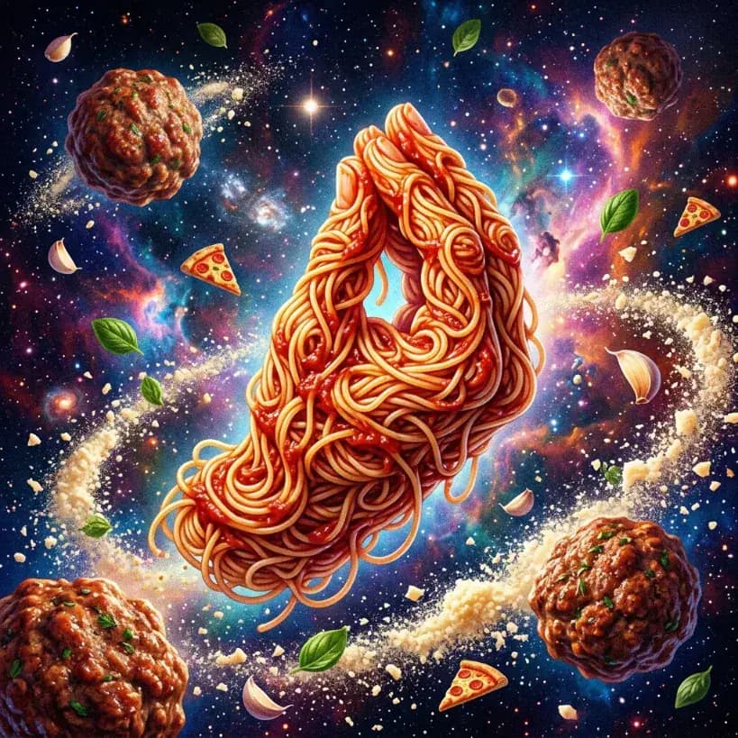 Letter A made of spaghetti floating in space with meatballs, basil, garlic, and pizza slices