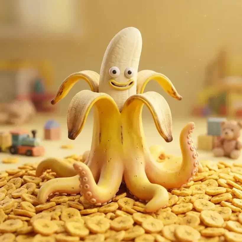 Smiling banana-octopus character surrounded by banana chips in a playful Italian Brainrot scene