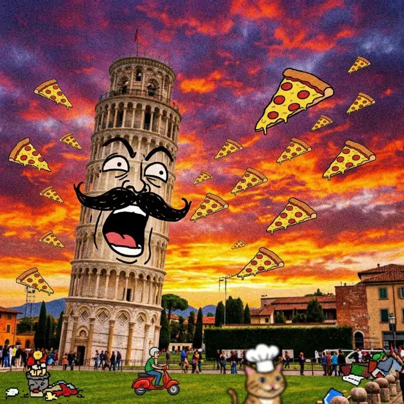 Leaning Tower of Pisa with a cartoon face beneath flying pizza slices in a surreal Italian Brainrot scene