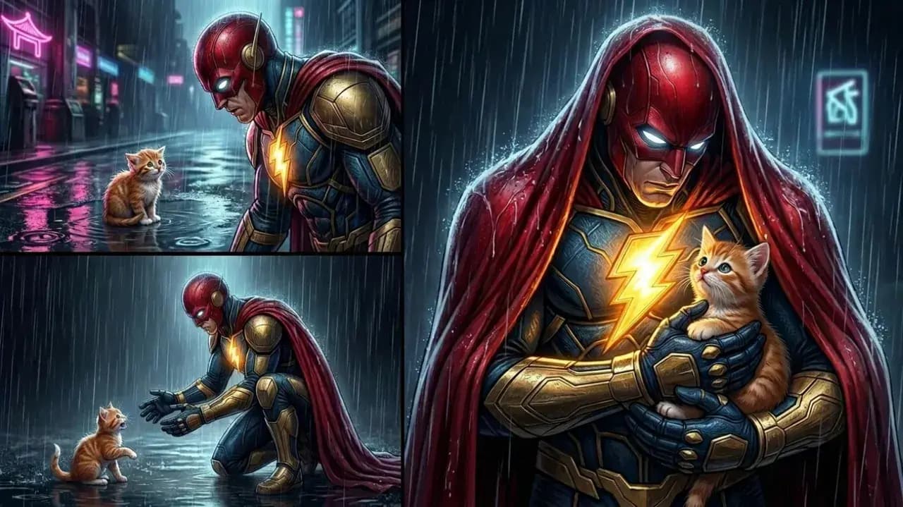 Three-panel superhero story showing an armored hero rescuing a kitten in a neon rainstorm