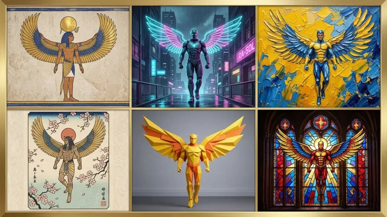 Six winged superhero concepts rendered in Egyptian, cyberpunk, impasto, Japanese print, low-poly, and stained-glass art styles