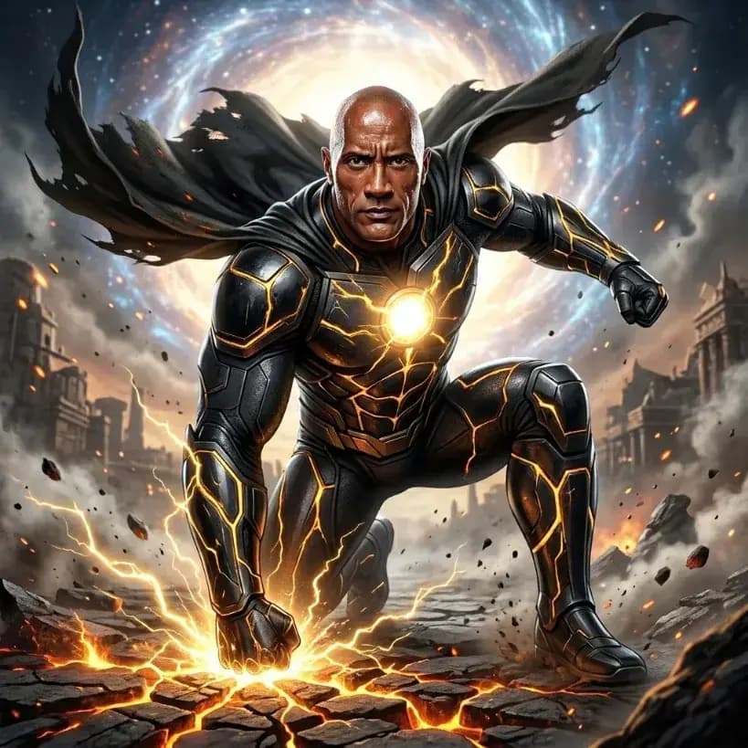 Black-and-gold armored superhero landing with lightning against a cosmic portal